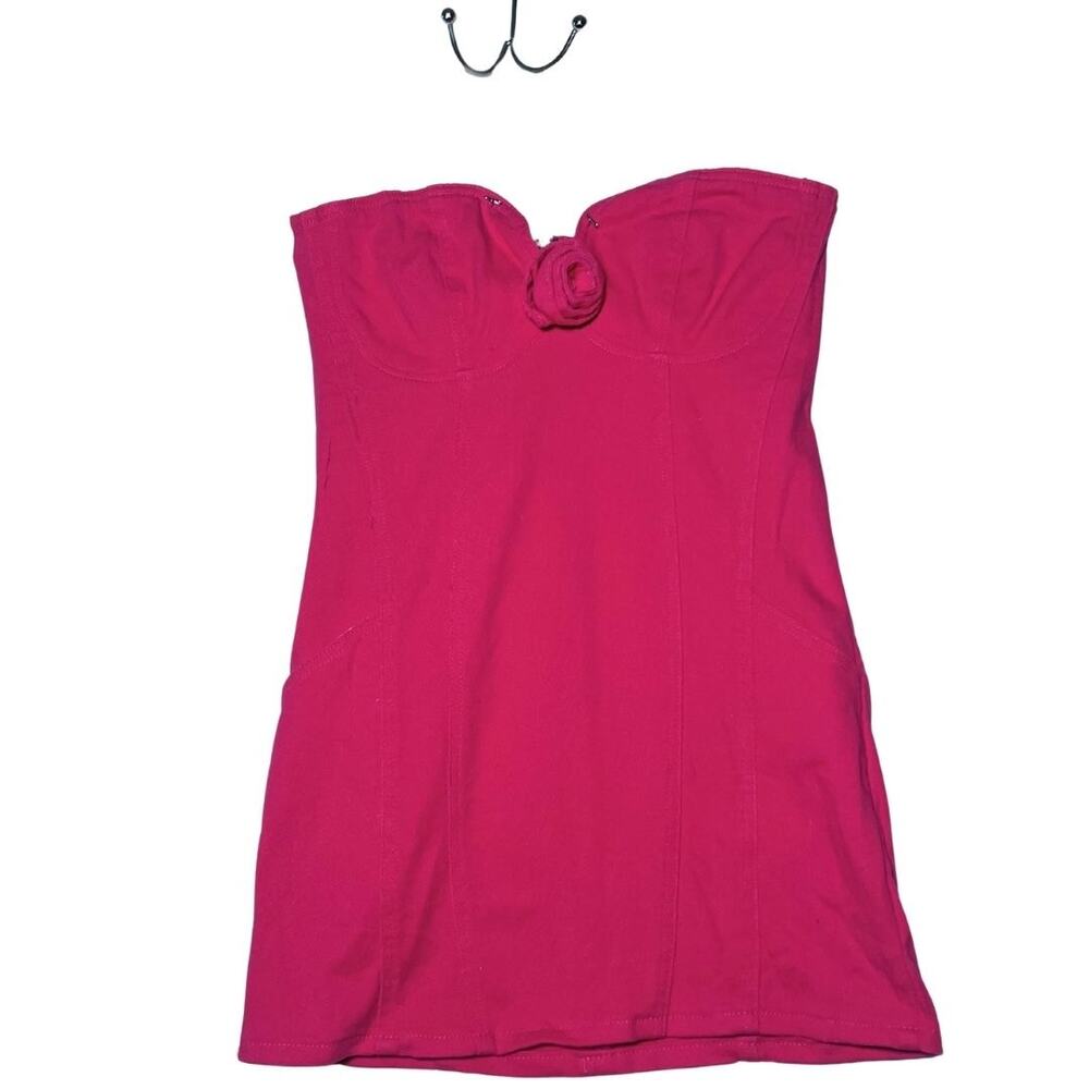 Hot Pink Sweetheart Rosette Denim Mini Dress Club Wear Size Med 100% Cotton